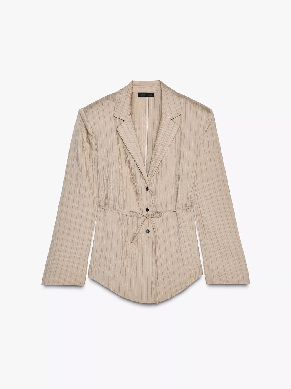 Zara Beige Pinstriped Waist-Tie Blazer
